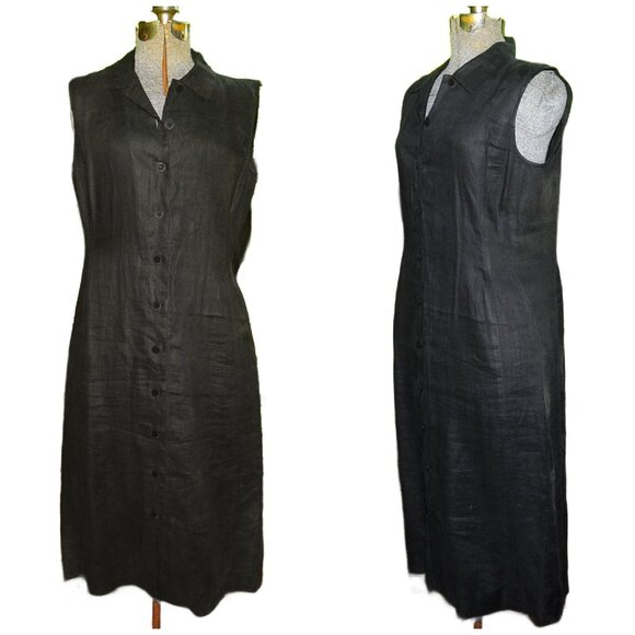Women's Black Linen Button Front Sleeveless Midi Dress by Vivace Size 10 Unlined - Picture 7 of 7